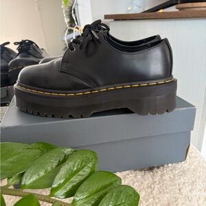 Dr. Martens Black Leather Platform Oxfords with Yellow Stitching